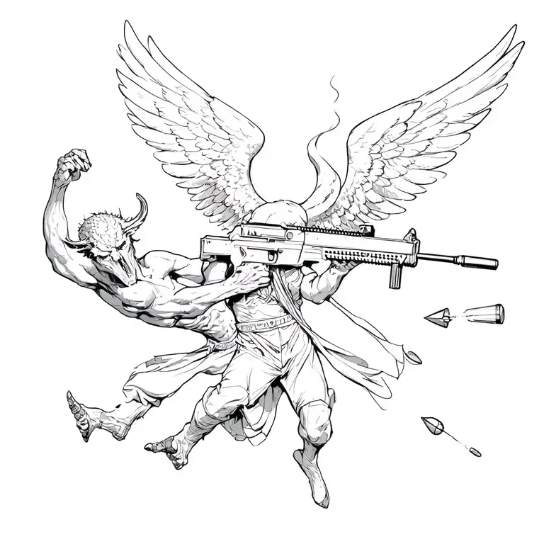 An Angel Killing A Demon Mid Air With Bullets Fired From A Modern Rifle