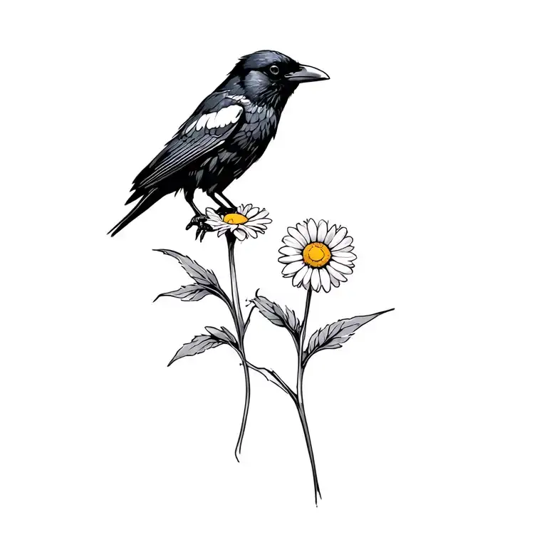 Crow Holding Daisy Flower In Beak