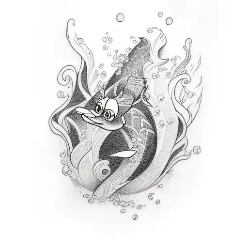 A Blackwork Tattoo Of A Disney Character Swimming