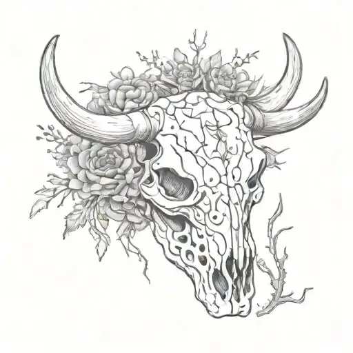 Black And White Rustic Line Work Bull Skull With Desert Scene And Tumble Weed
