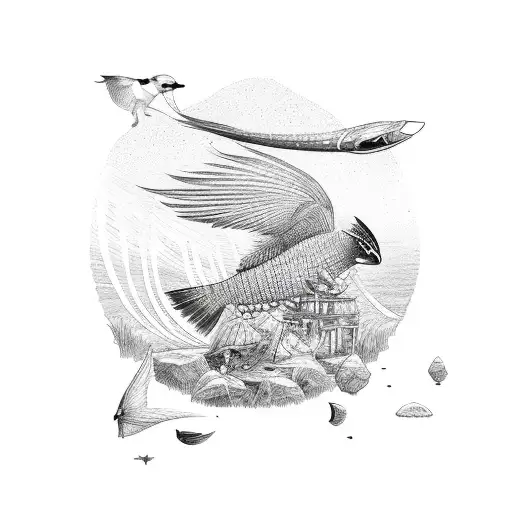 Three Sirens Calling To A Swooping Bird Hunting A Fish