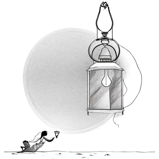 A Sketch Of A Person Holding A Lantern On A Beach At Sunset
