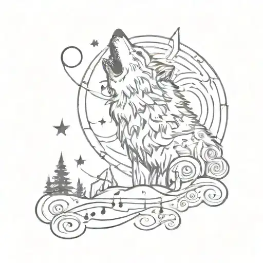A Sketch Style Tattoo Of A Wolf Howling At The Moon With Musical Notes Floating Around It