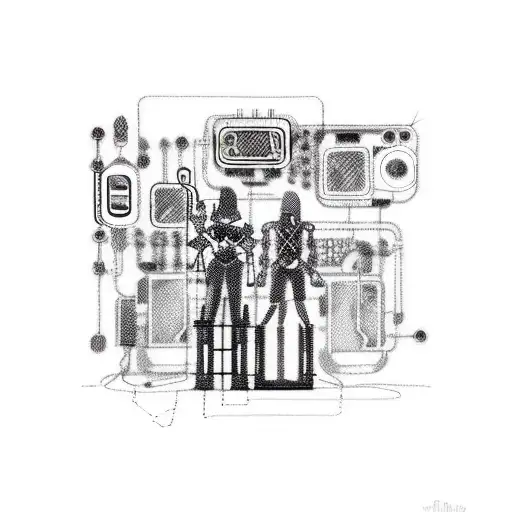 A Sketch Style Tattoo Of A Cyberpunk Punk Band Performing On A Stage Made Of Circuit Boards