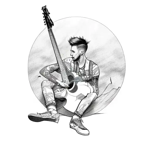 A Sketch-style Tattoo Of Machine Gun Kelly Sitting On A Mountain Peak Strumming A Guitar