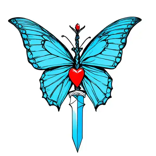 Blue Butterfly With A Red Heart And A Dagger Going Through The Middle