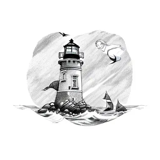 Mermaid On Rock With Lighthouse Behind