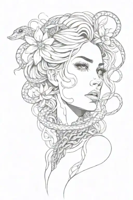 Woman's Face And Neck With A Lot Of Snakes And Floral