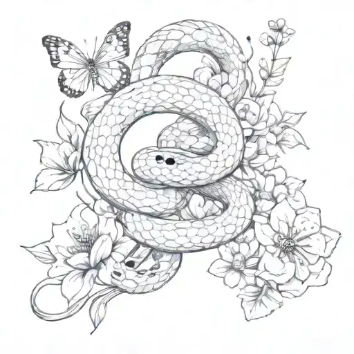 Snake With Butterflies And Flowers