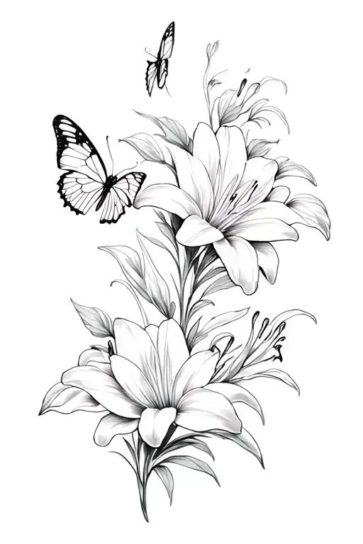 Lilly Flowers With Butterflies And Leaves