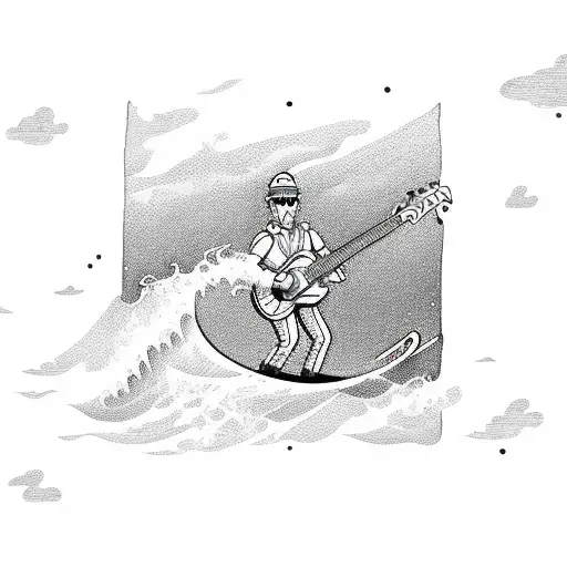 A Harbor Pilot Riding A Giant Wave With An Electric Guitar In Hand