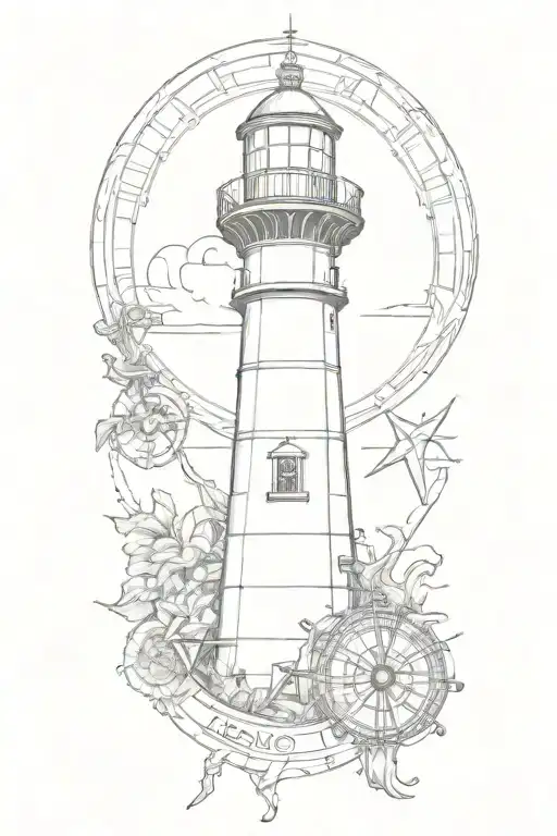 Lighthouse Surrounded By A Compass And Anchor