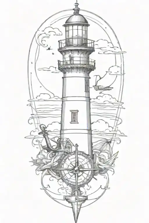 Lighthouse Surrounded By A Compass And Anchor With Rope