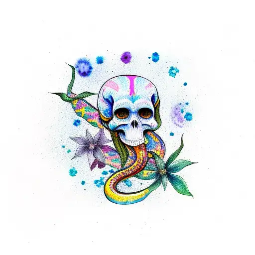 Watercolour Snake With Flower And Colourful Skull