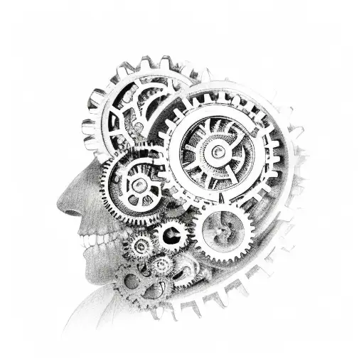 A Black And Grey Portrait Of A Person With Gears And Cogs As Their Brain