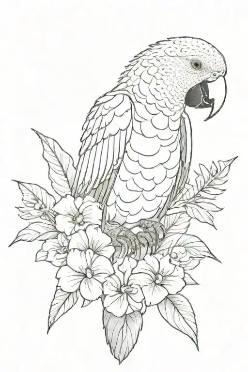 Green Parrot With Yellow Head Surrounded By Black And White Tropical Flowers