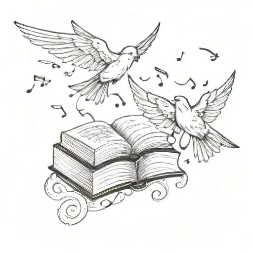 Books With Small Swallows And Music Notes Flowing