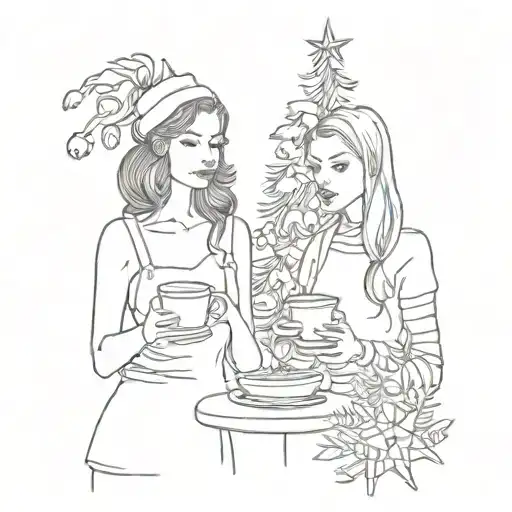 Two Women Holding Coffee Cups In Front Of A Christmas Tree
