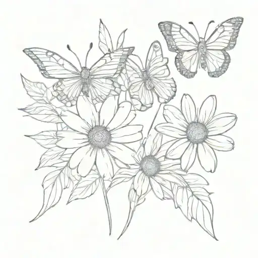 Small Minimalistic Butterflies And Daisy Flower