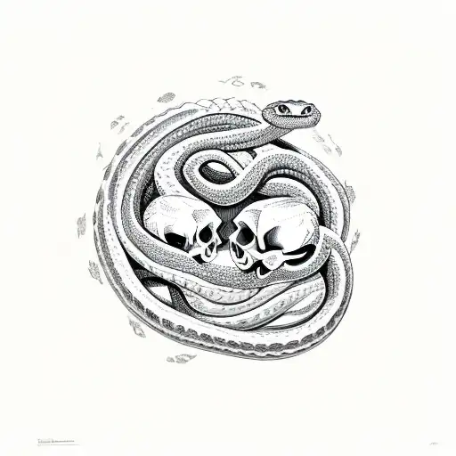 2 Snakes Biting Eachothers Tail While Wrapped Around A Skull And Fliwers