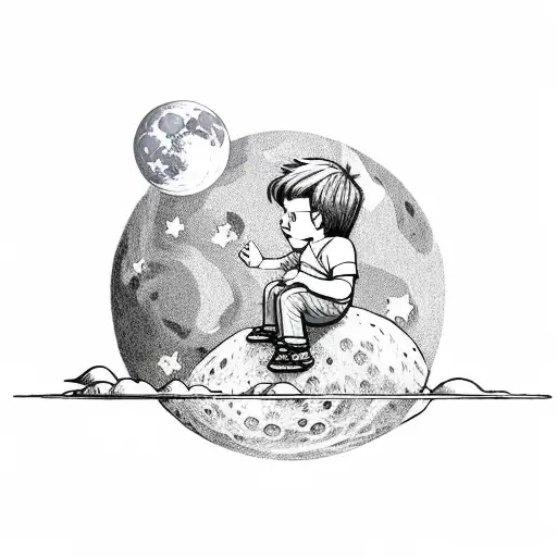 Little Boy Sitting On Top Of The Moon With Dinosaur