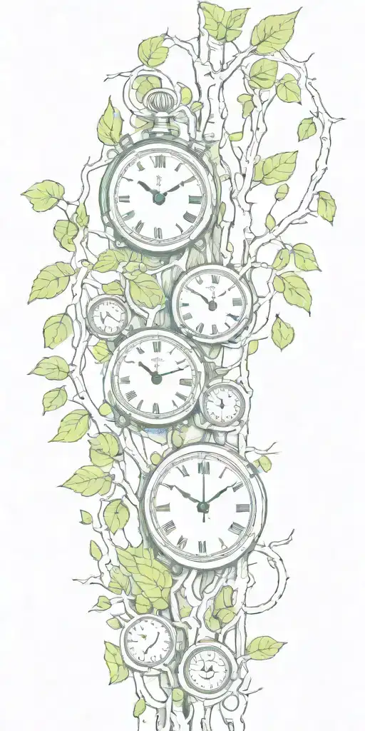 Birch Tree Branches And Green Leaves With Three Clocks Integrated Into It For An Arm Sleeve