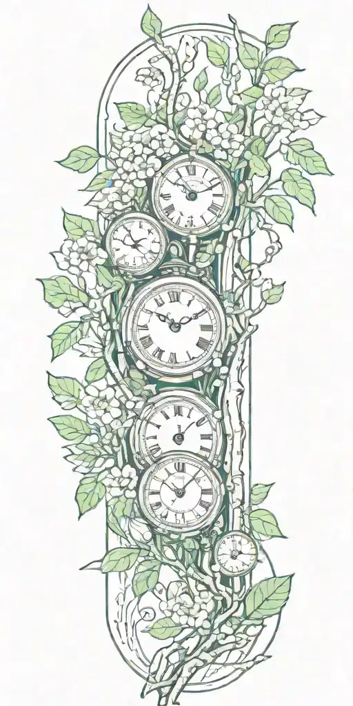 Birch Tree Branches And Green Leaves With Three Clocks Integrated Into It For An Arm Sleeve