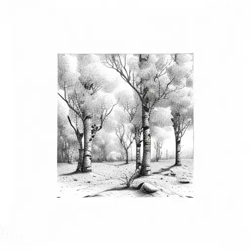 Rectangular Frame With Birch Tree And Musket Gun