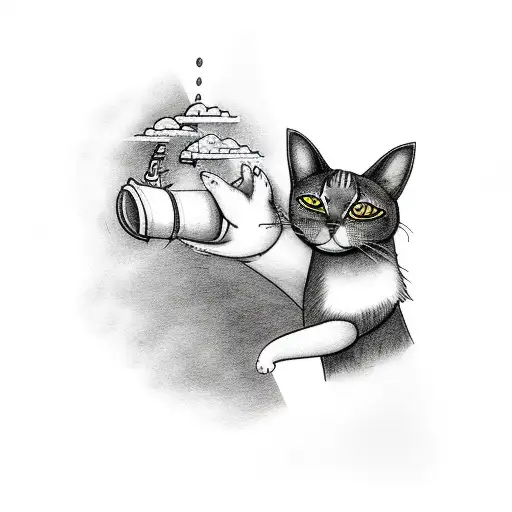 A Black-grey Tattoo Of A Meteorologist Holding A Cat While Observing A Thunderstorm