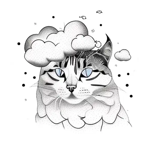 A Dotwork Tattoo Of A Meteorologist Holding A Cat And Standing In Front Of A Giant Cat-shaped Cloud
