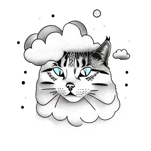 A Dotwork Tattoo Of A Meteorologist Holding A Cat And Standing In Front Of A Giant Cat-shaped Cloud