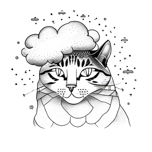 A Dotwork Tattoo Of A Meteorologist Holding A Cat And Standing In Front Of A Giant Cat-shaped Cloud