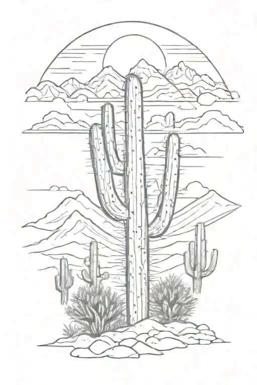 Saguaro Cactus With Mountains In Background Fine Line