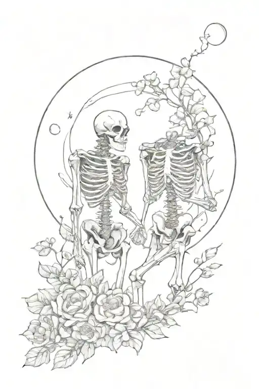 Headless Skeletons Holding Hands Under The Moon Surrounded By Flowers