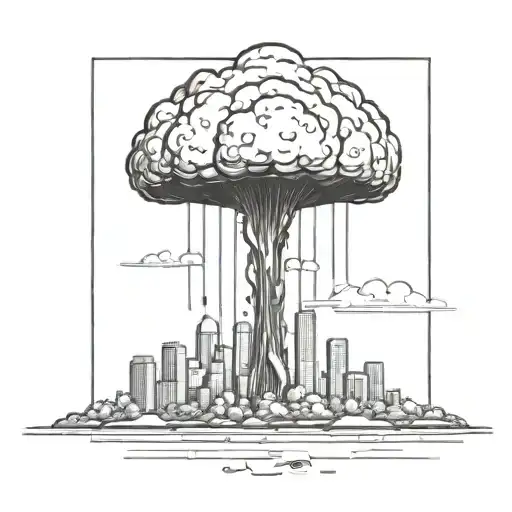 An Abstract Nuclear Explosion Mushroom Cloud Destroying A Major City In An Abstract Black Line Frame