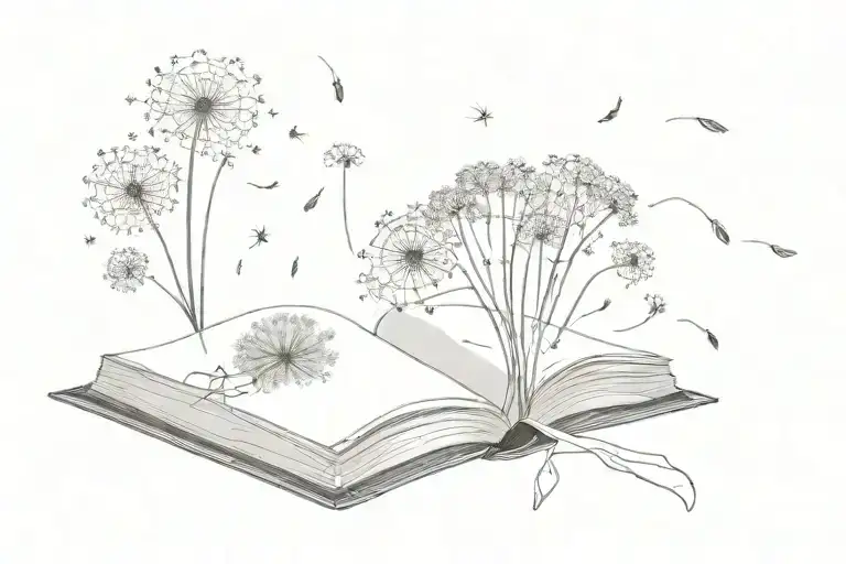 An Open Book With Dandelions And Seeds Coming Off Of It