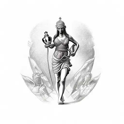 A Sketch-style Tattoo Of A Greek Goddess Holding A Roman Athlete's Trophy