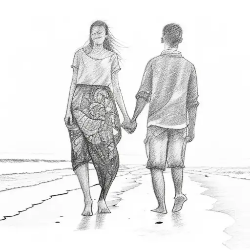 A Sketch-style Tattoo Of Two Friends Holding Hands While Walking Along The Beach At Sunset