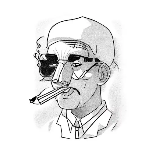 A Basic Black Line Tattoo With Medical Lab Coat And He Is Smoking A Joint And Drinking Alcohol