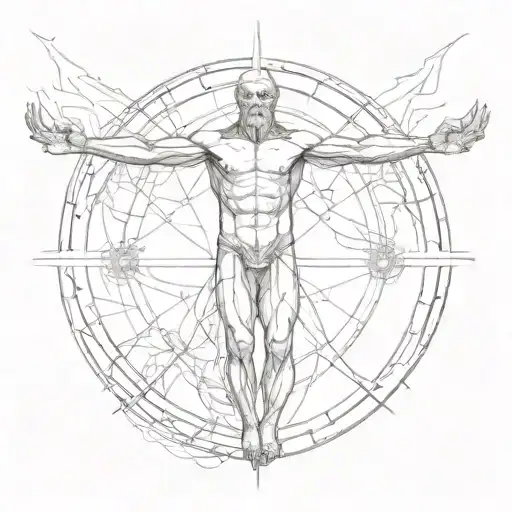 Vitruvian Man Half Is Gargoyle And Abstract Fire As Background