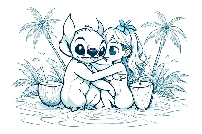 Stitch And Girlfriend Hug Each Other On A Tropical Island With Coconut Drinks