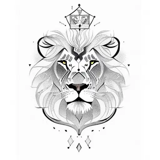 A Blackwork Tattoo Of A Lion's Face With Pine Tree Branches As Its Mane