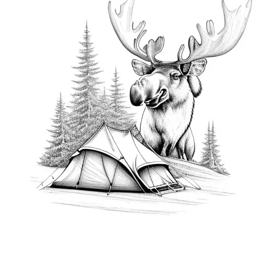 Camping Outdoors In Triangle With Moose