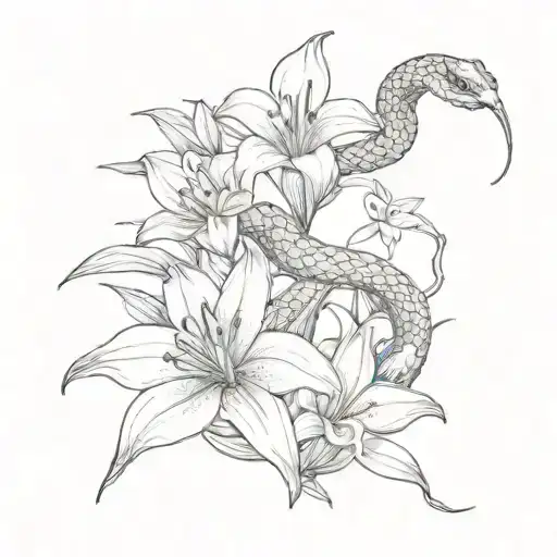 Fine Line Red Snake And Lily Flowers