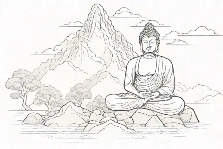 A Serene Mountain Landscape With A Meditating Buddha Figure
