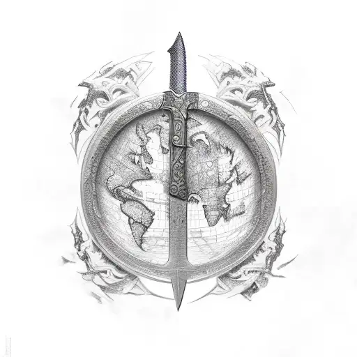 A Sword With Intricate Carvings And A World Map As The Blade