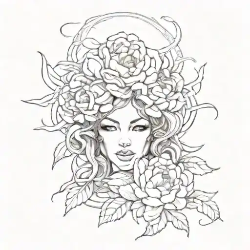 Medusa With Peonies Flower Tattoo Design