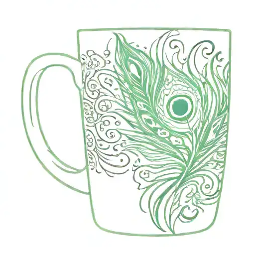 A Sketch Of An Artsy Coffee Mug With A Green And White Peacock Feather Design