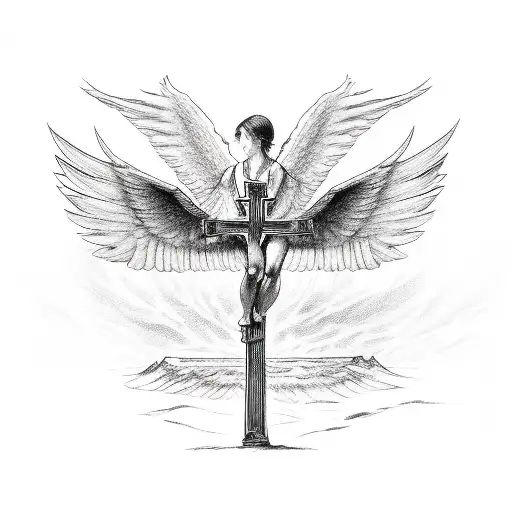 A Sketch Of A Fallen Angel Embracing A Cross