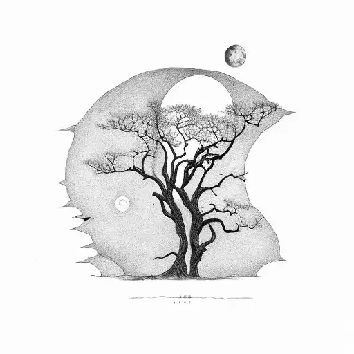 Long Tree With A Horse Moon Midnight